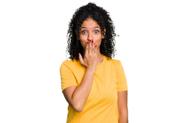 Young cute brazilian woman isolated shocked, covering mouth with hands, anxious to discover something new.
