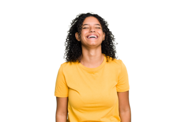 Young cute brazilian woman isolated relaxed and happy laughing, neck stretched showing teeth.