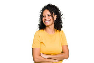 Young cute brazilian woman isolated smiling confident with crossed arms.