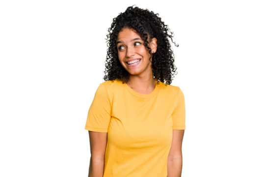 Young cute brazilian woman isolated laughs and closes eyes, feels relaxed and happy.