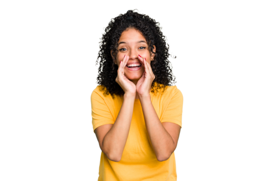 Young cute brazilian woman isolated saying a gossip, pointing to side reporting something.