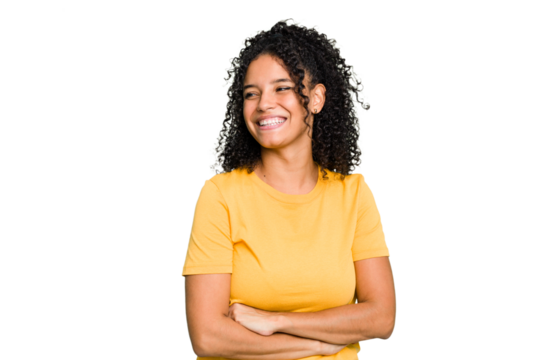 Young cute brazilian woman isolated smiling confident with crossed arms.