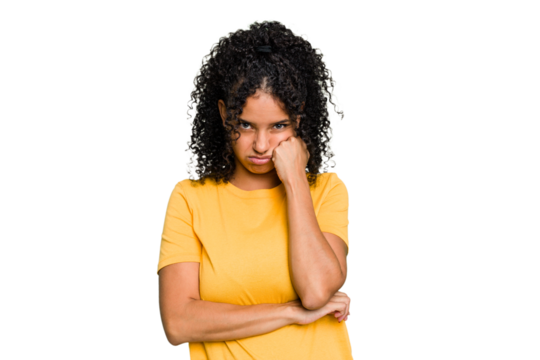 Young cute brazilian woman isolated who feels sad and pensive, looking at copy space.