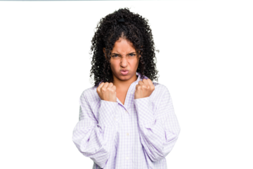 Young cute brazilian woman isolated showing fist to camera, aggressive facial expression.