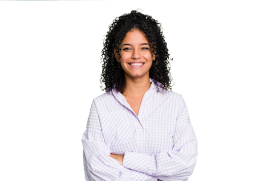 Young cute brazilian woman isolated who feels confident, crossing arms with determination.