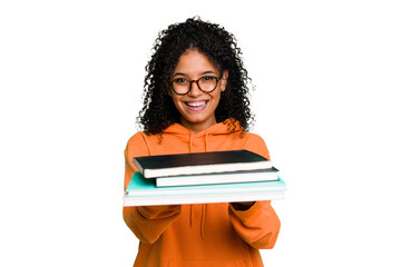 Young African american student woman holding a lot of books isolated