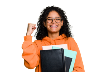 Young African american student woman holding a lot of books isolated
