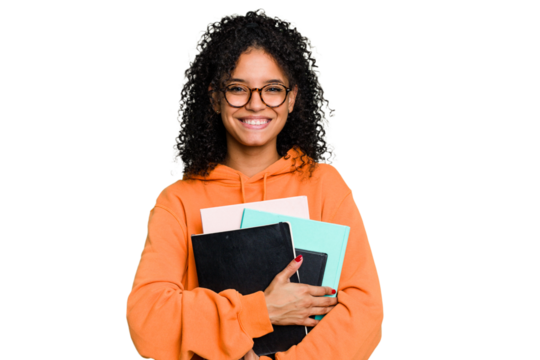 Young African american student woman holding a lot of books isolated