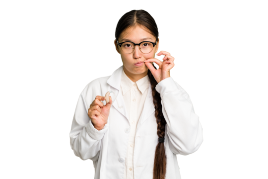 Young asian otorhinolaryngologist woman holding a hearing aid isolated with fingers on lips keeping a secret.