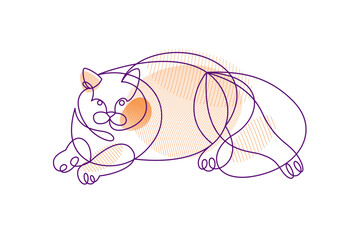 Nice cute cat linear vector illustration, line art drawing of pussycat relaxing, artistic outline minimal sketch of fat and lazy cat.