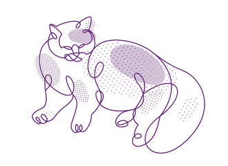 Fat and lazy cat line art vector illustration, linear drawing of pussycat relaxing, minimal outline sketch of cute domestic pet.