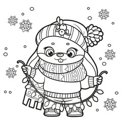 Cute cartoon rabbit in warm scarf  with garland outline variation for coloring page on white background
