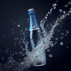 Naklejka na ściany i meble Transparent realistic bottle with water splash on blue background. Refreshing drink.