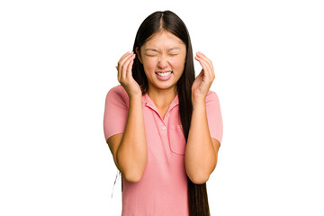 Fototapeta premium Young Asian woman isolated joyful laughing a lot. Happiness concept.