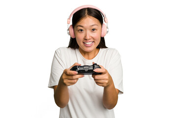 Young asian gamer woman playing with a game controller and headphones isolated