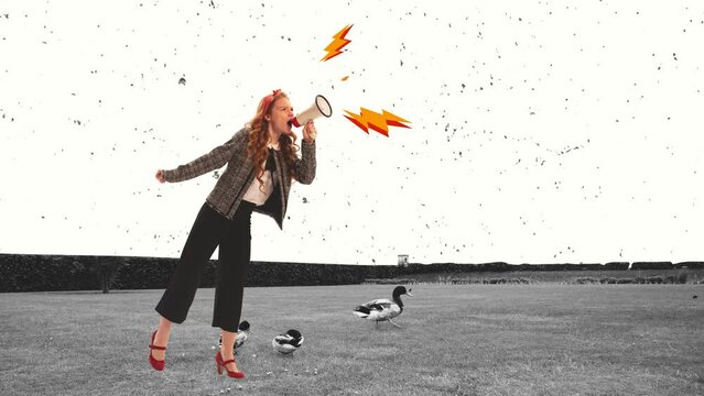 Young girl in retro style outfit with megaphone isolated on abstract background. Contemporary art collage. Inspiration, idea, trendy. 2D stop motion animation