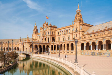 Spain, Seville. Spain Square, a landmark example of the Renaissance Revival style in Spanish architecture