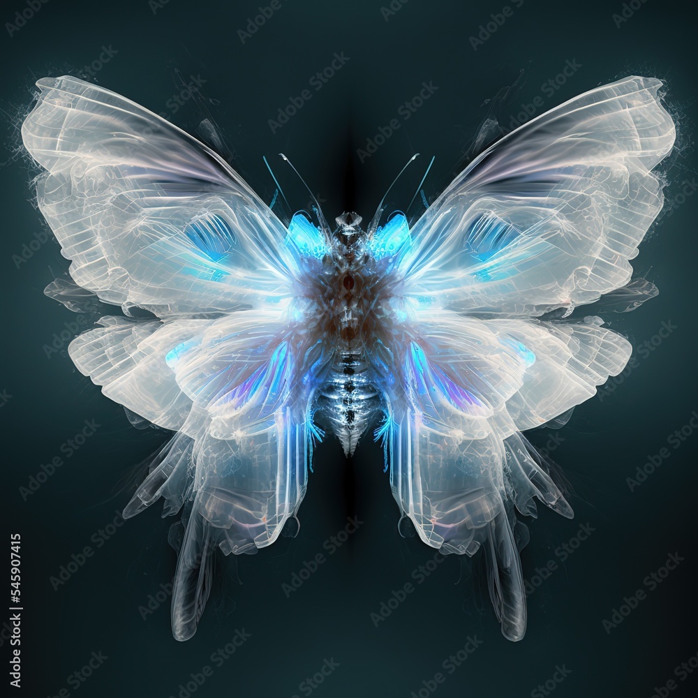 Poster a digital butterfly in a futuristic polygonal style on a blue background is isolated on a gray backg