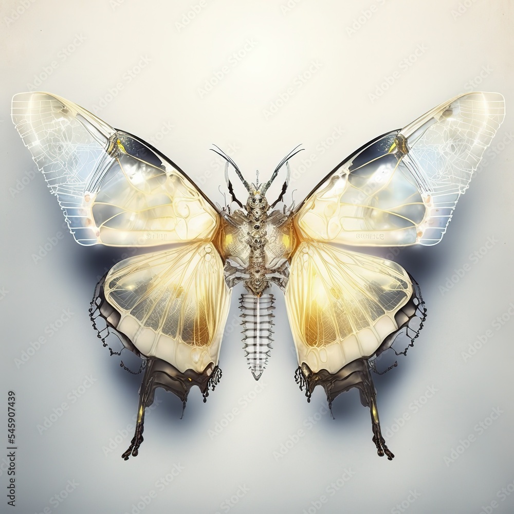 Aufkleber A digital butterfly in a futuristic polygonal style on a blue background is isolated on a gray background. 3d illustration