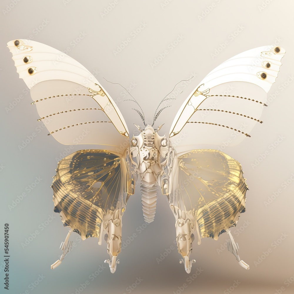 Poster A digital butterfly in a futuristic polygonal style on a blue background is isolated on a gray background. 3d illustration