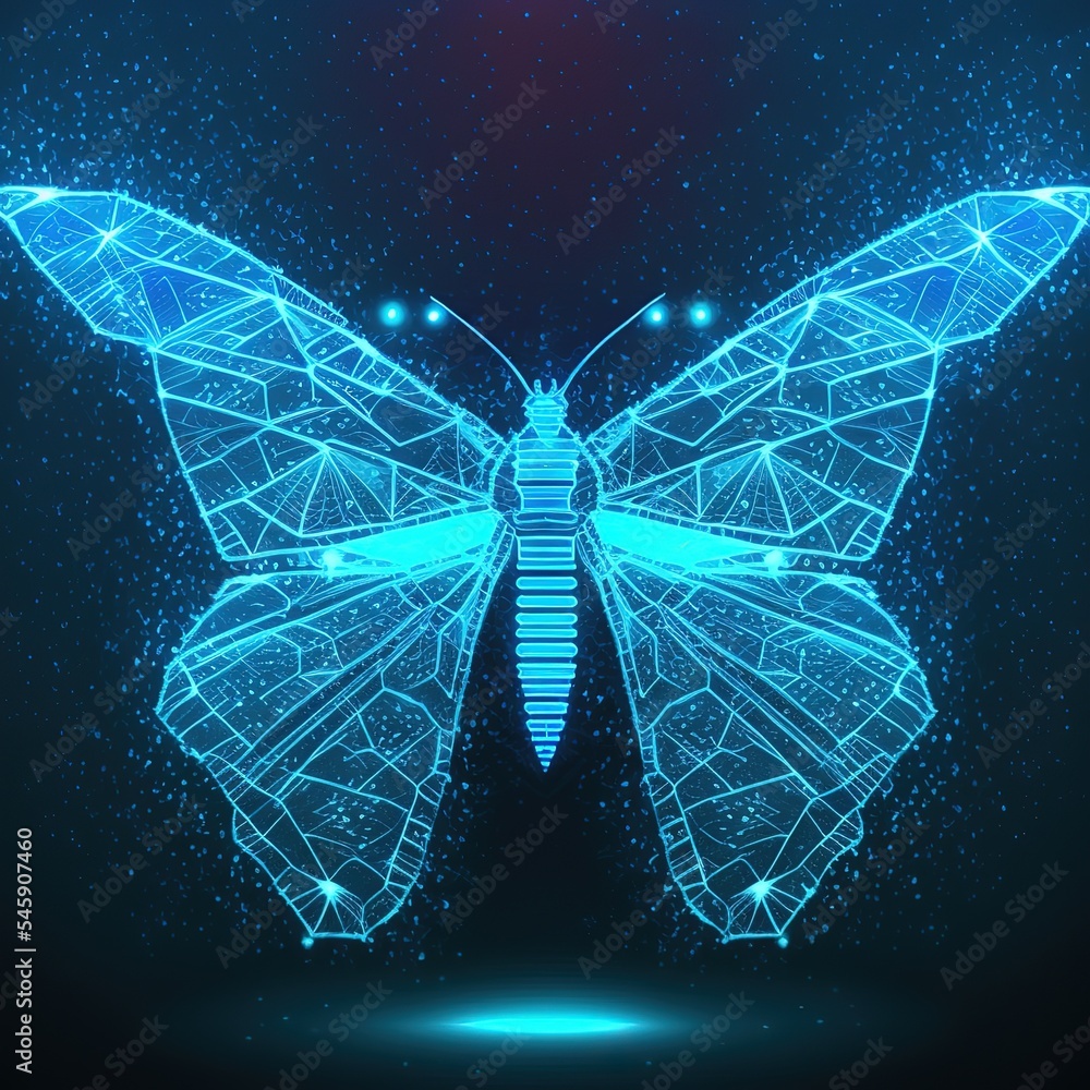 Poster a digital butterfly in a futuristic polygonal style on a blue background is isolated on a gray backg