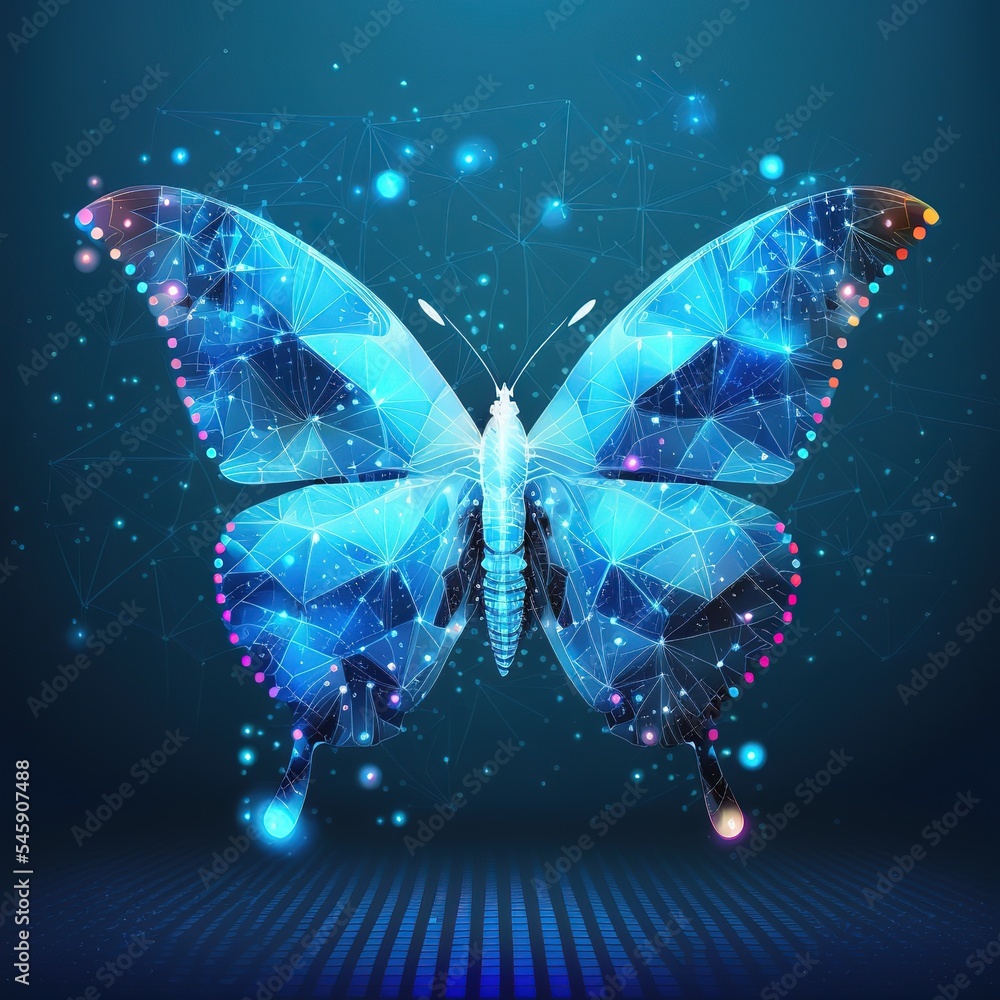 Poster A digital butterfly in a futuristic polygonal style on a blue background is isolated on a gray background. 3d illustration