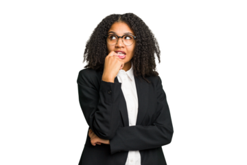 Young african american business woman isolated relaxed thinking about something looking at a copy space.