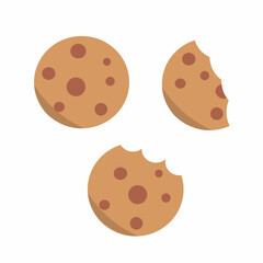 Whole cookie, bitten and half bitten chocolate chips cookie icon illustration in simple and minimalist design.