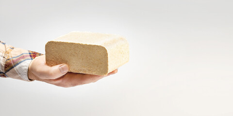 male hand holds a fuel briquette on beige background with copy space.