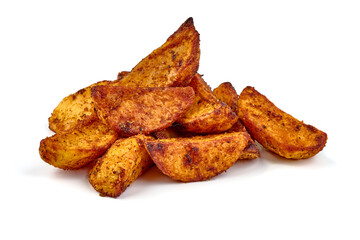 Baked potato wedges, fried potatoes, isolated on white background.