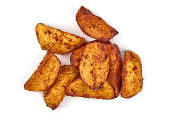 Baked potato wedges, fried potatoes, isolated on white background.