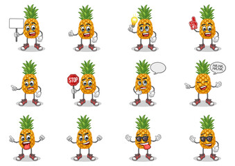 stock vector set of cute pineapple cartoon mascot with face expression on a white background