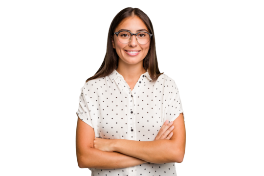 Young cute caucasian woman isolated who feels confident, crossing arms with determination.