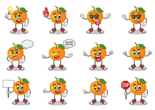stock vector set of cute orange cartoon mascot with face expression on a white background
