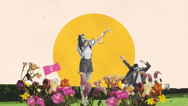 Young girl in retro style outfit with megaphone isolated on abstract floral background. Contemporary art 2D stop motion animation. Inspiration, idea, trendy.
