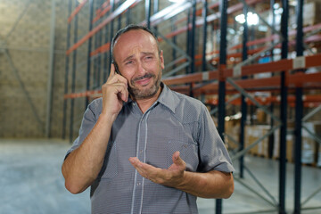emotional man talking on telephone in warehouse - obrazy, fototapety, plakaty