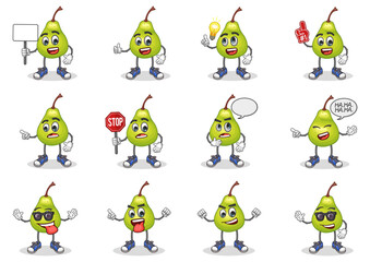 stock vector set of cute pear cartoon mascot with face expression on a white background