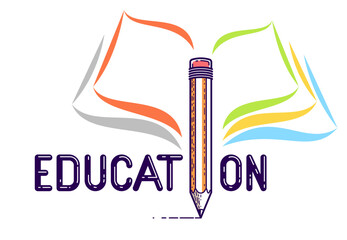 Education word with pencil instead of letter I and book, study and learning concept, vector conceptual creative logo or poster made with special font.