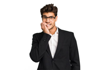Young caucasian business man isolated biting fingernails, nervous and very anxious.