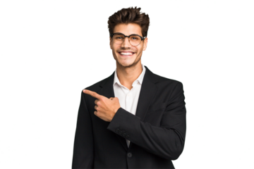 Young caucasian business man isolated smiling and pointing aside, showing something at blank space.