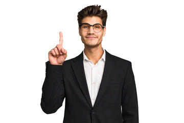 Fototapeta na wymiar Young caucasian business man isolated showing number one with finger.