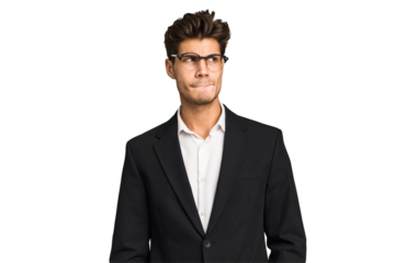 Young caucasian business man isolated confused, feels doubtful and unsure.