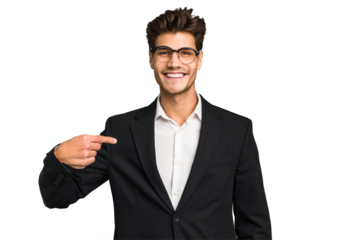 Young caucasian business man isolated person pointing by hand to a shirt copy space, proud and confident