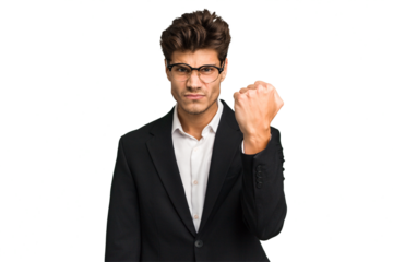 Young caucasian business man isolated showing fist to camera, aggressive facial expression.