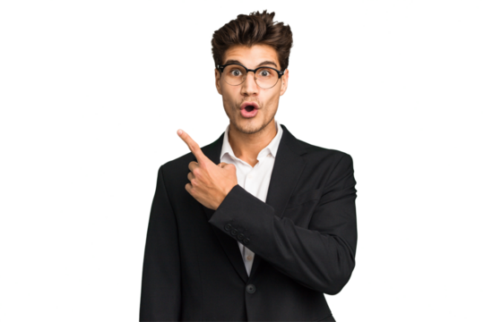 Young caucasian business man isolated pointing to the side