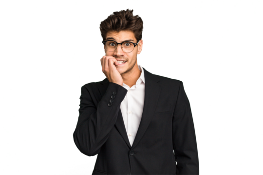 Young caucasian business man isolated biting fingernails, nervous and very anxious. - Powered by Adobe