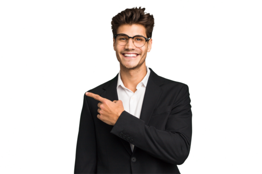 Young caucasian business man isolated smiling and pointing aside, showing something at blank space.
