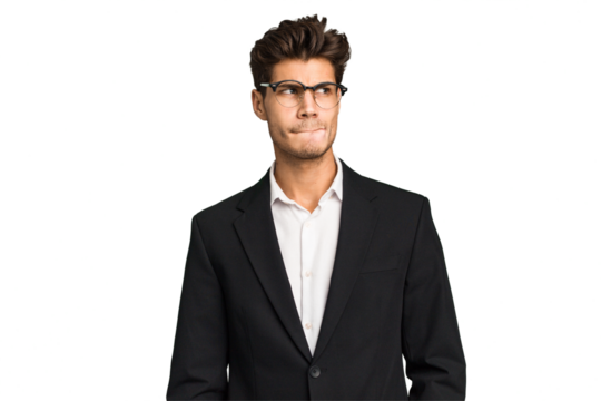 Young caucasian business man isolated confused, feels doubtful and unsure.