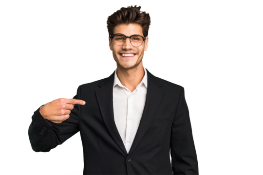 Young caucasian business man isolated person pointing by hand to a shirt copy space, proud and confident