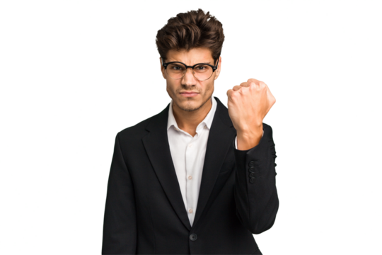 Young caucasian business man isolated showing fist to camera, aggressive facial expression. - Powered by Adobe